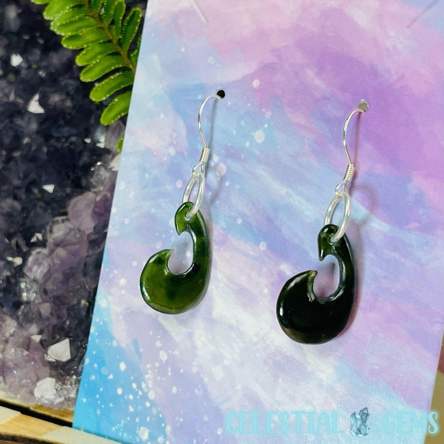 Canadian Jade (Nephrite) Hei Matau (Hook) 925 Silver Earrings