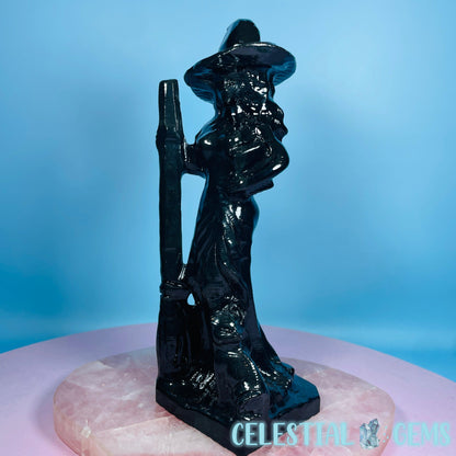 Obsidian Witch with Broomstick + Black Cat Large Carving