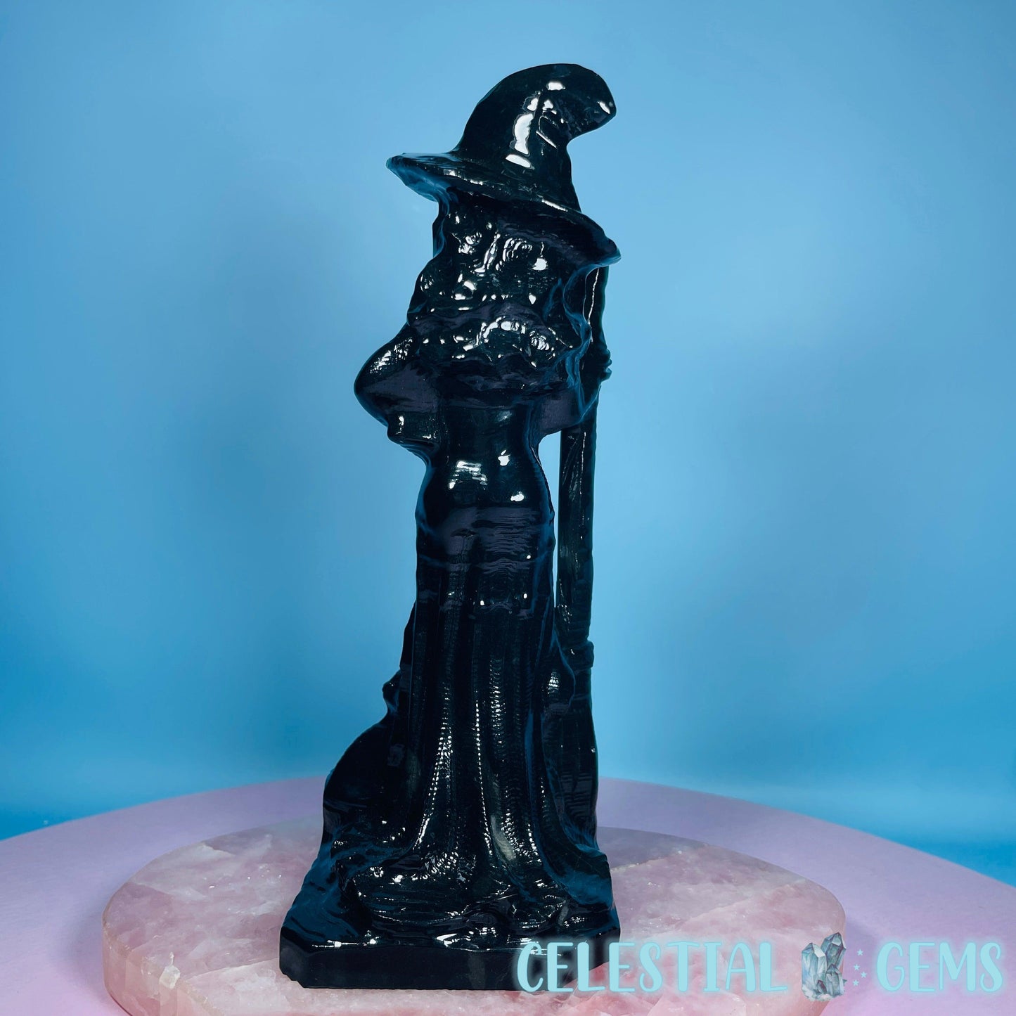 Obsidian Witch with Broomstick + Black Cat Large Carving