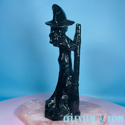 Obsidian Witch with Broomstick + Black Cat Large Carving