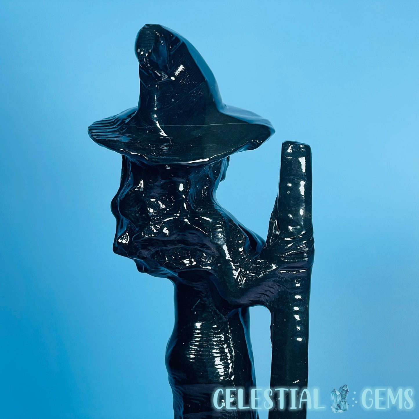 Obsidian Witch with Broomstick + Black Cat Large Carving
