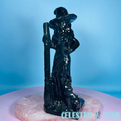 Obsidian Witch with Broomstick + Black Cat Large Carving