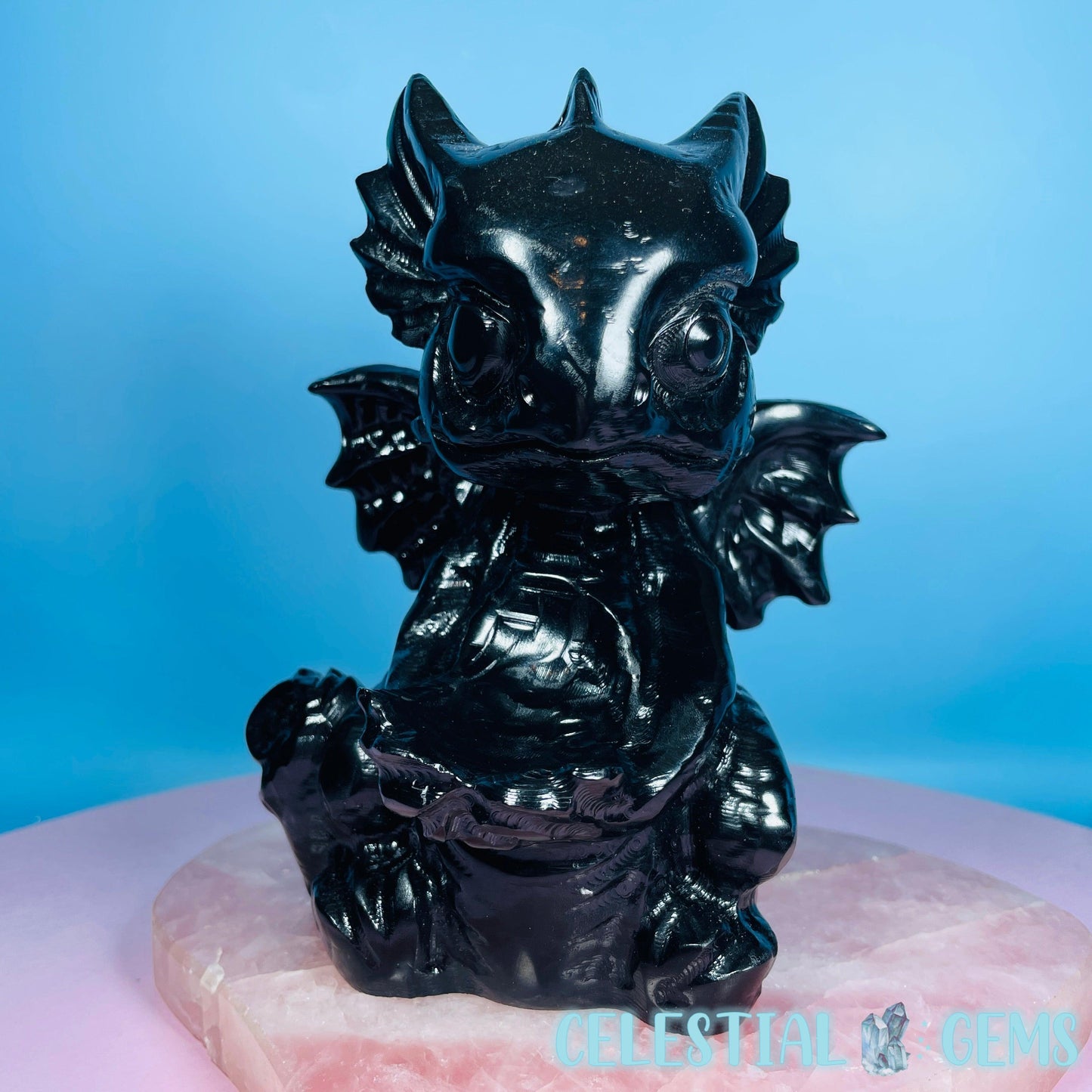 Obsidian Baby Dragon Large Carving with Sphere Holder