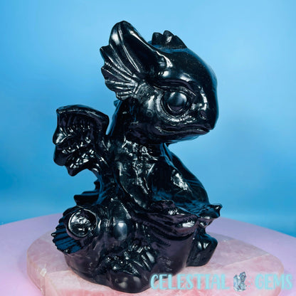 Obsidian Baby Dragon Large Carving with Sphere Holder