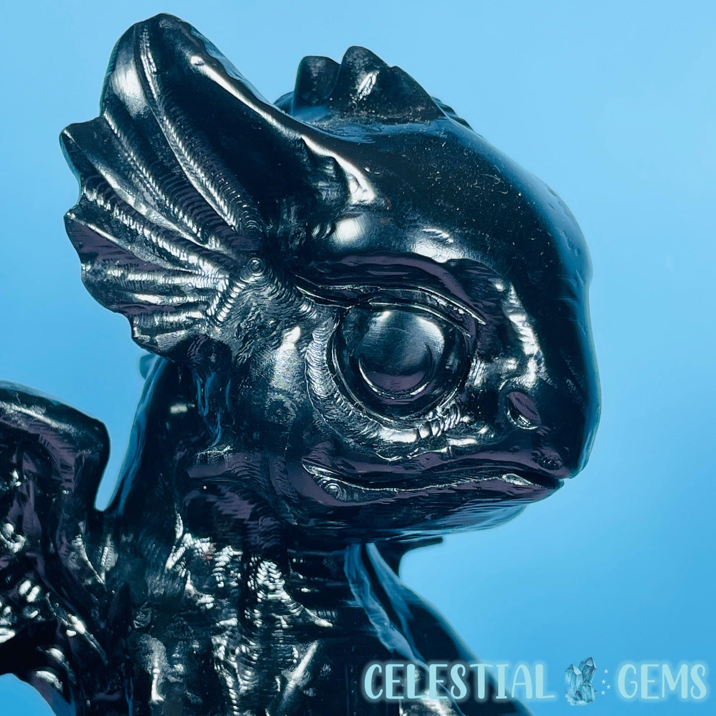 Obsidian Baby Dragon Large Carving with Sphere Holder
