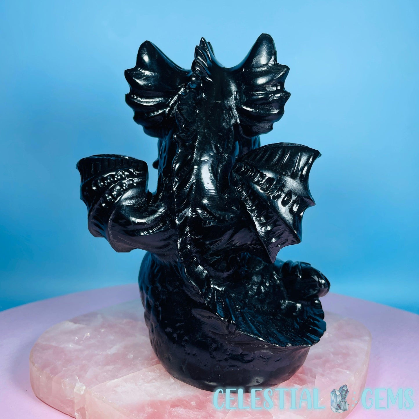 Obsidian Baby Dragon Large Carving with Sphere Holder