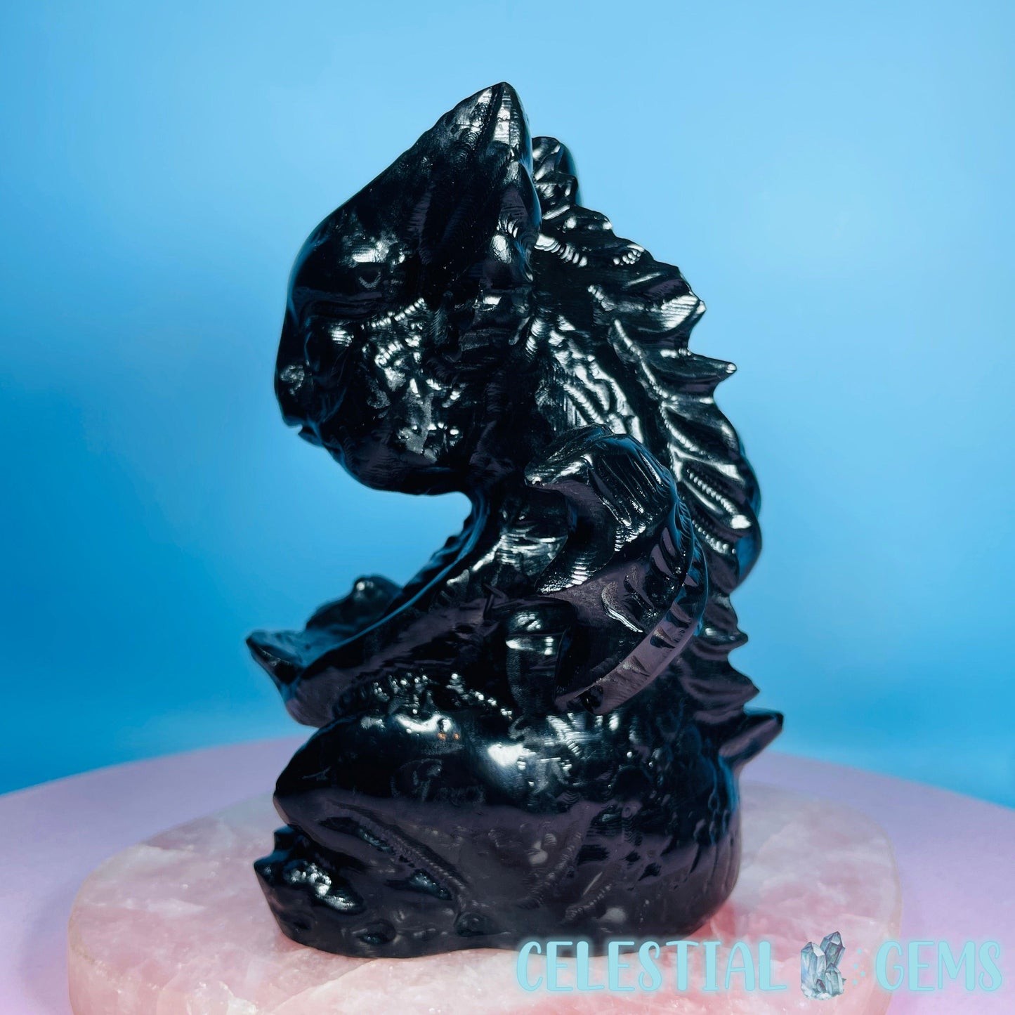 Obsidian Baby Dragon Large Carving with Sphere Holder