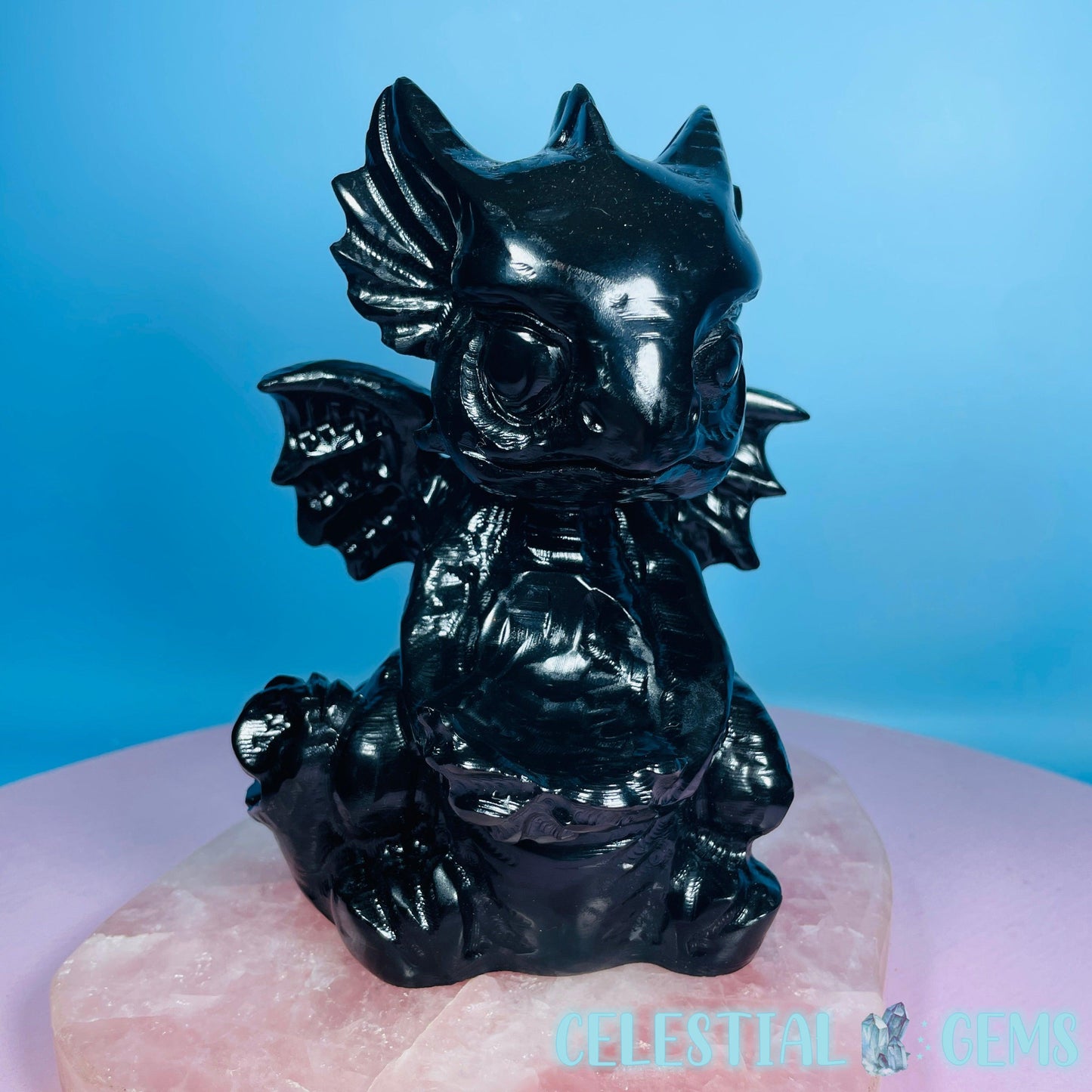 Obsidian Baby Dragon Large Carving with Sphere Holder