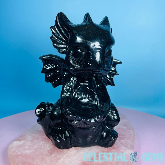 Obsidian Baby Dragon Large Carving with Sphere Holder