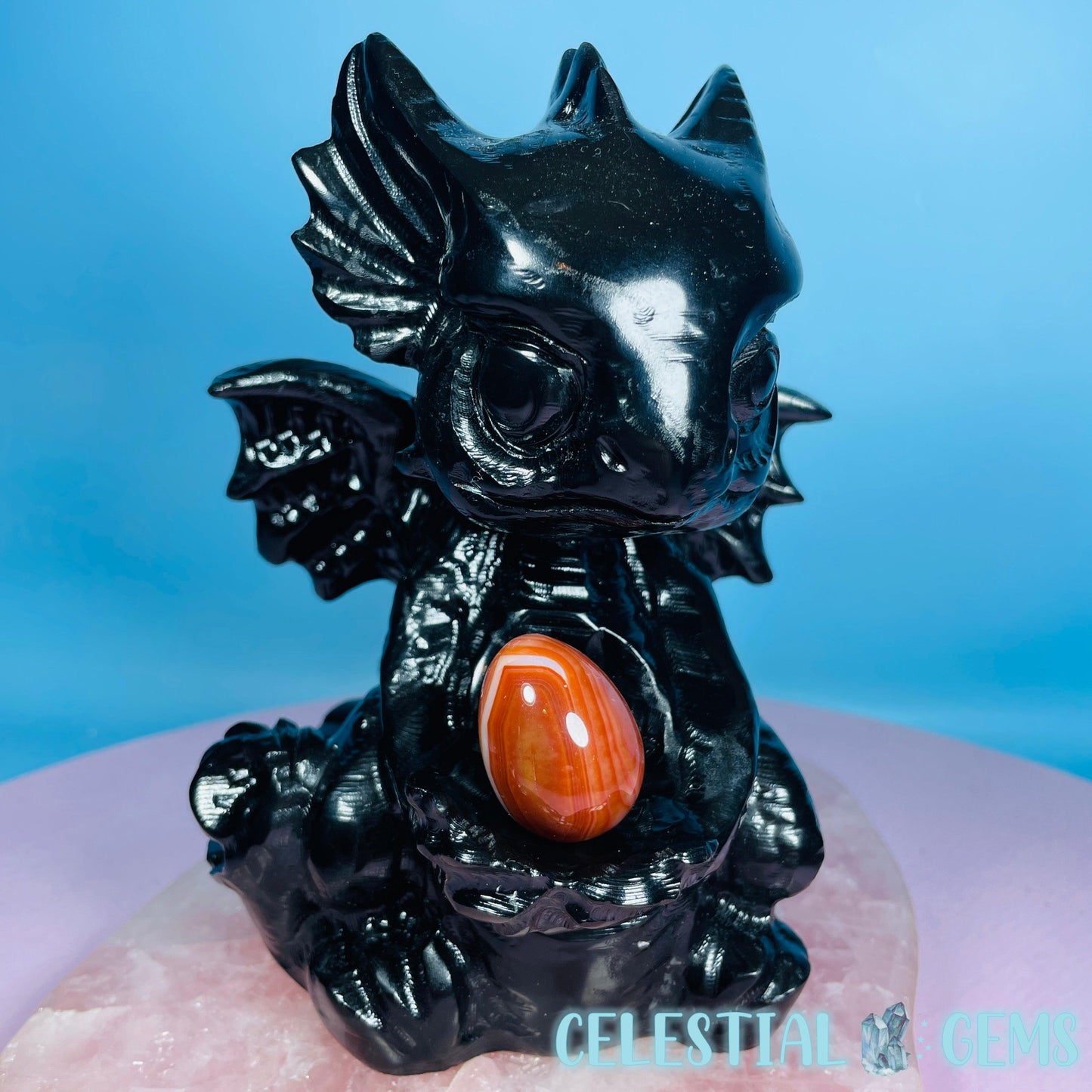Obsidian Baby Dragon Large Carving with Sphere Holder
