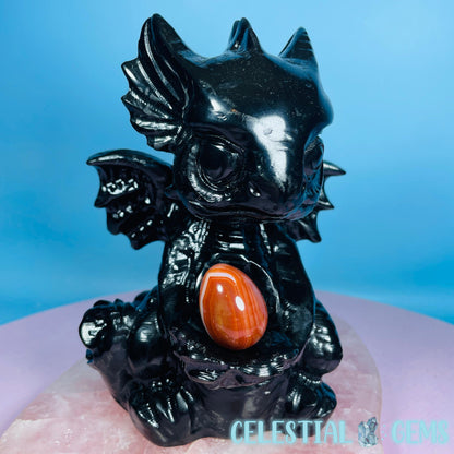 Obsidian Baby Dragon Large Carving with Sphere Holder
