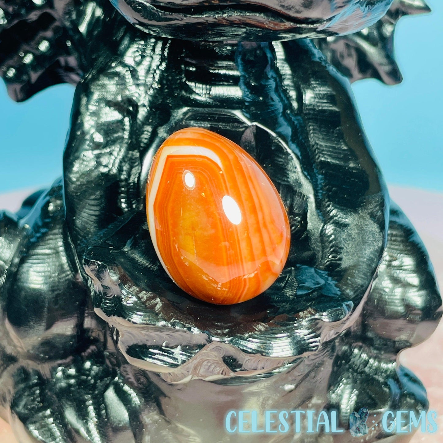 Obsidian Baby Dragon Large Carving with Sphere Holder