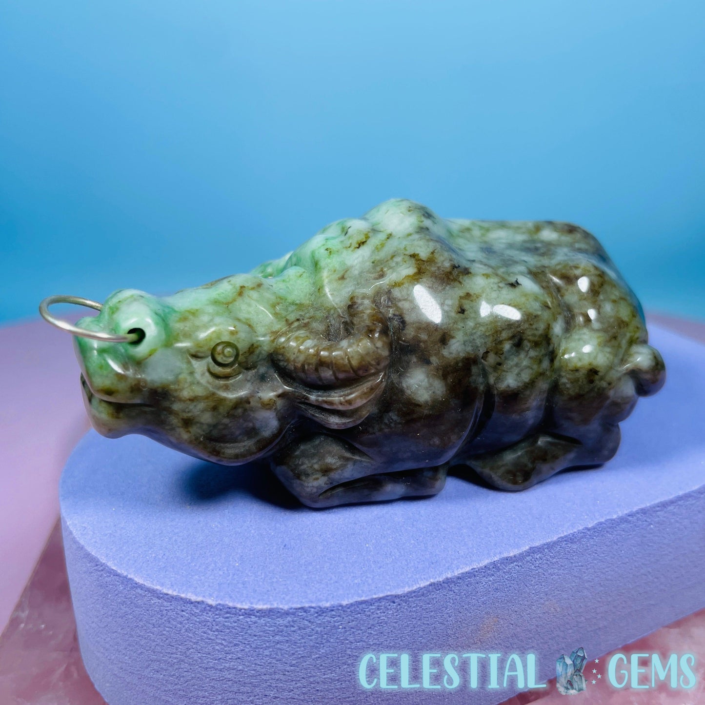 Rare Chinese Jadeite Sitting Bull Medium Carving with Nose Ring