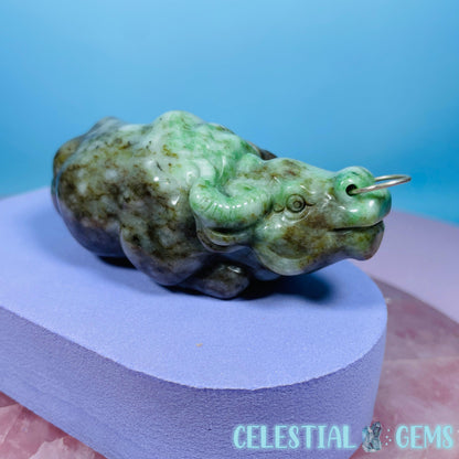 Rare Chinese Jadeite Sitting Bull Medium Carving with Nose Ring