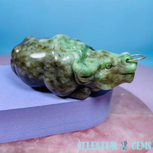 Rare Chinese Jadeite Sitting Bull Medium Carving with Nose Ring