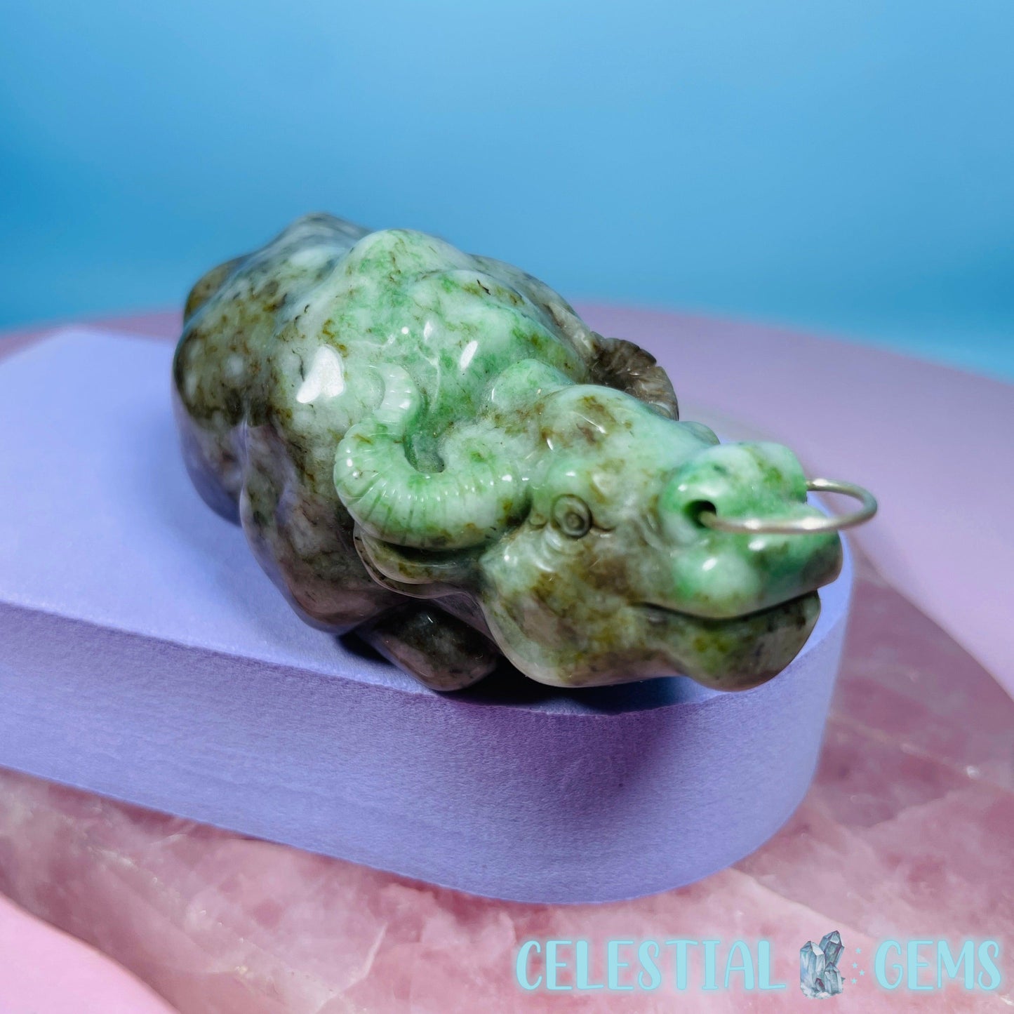 Rare Chinese Jadeite Sitting Bull Medium Carving with Nose Ring