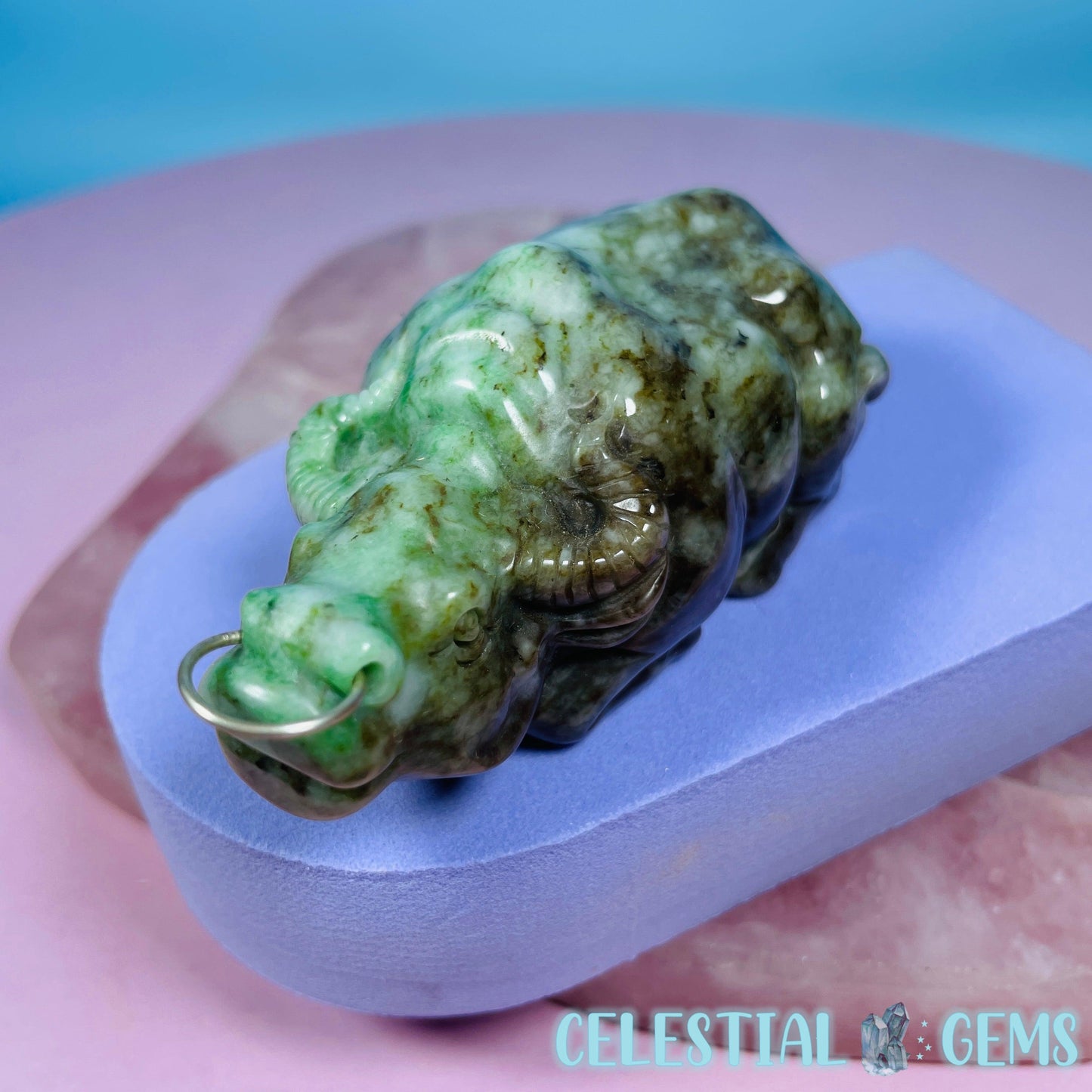 Rare Chinese Jadeite Sitting Bull Medium Carving with Nose Ring