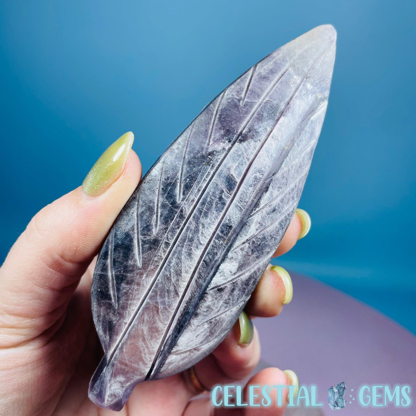 Gem Lepidolite Mica Flashy Feather Carving