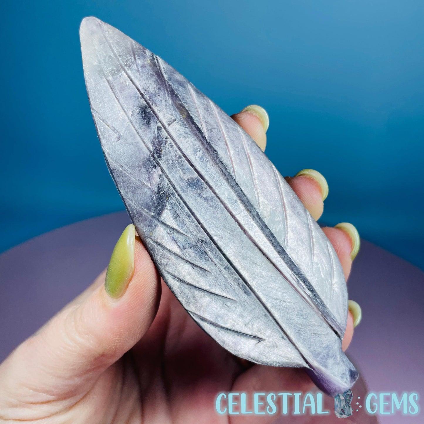 Gem Lepidolite Mica Flashy Feather Carving