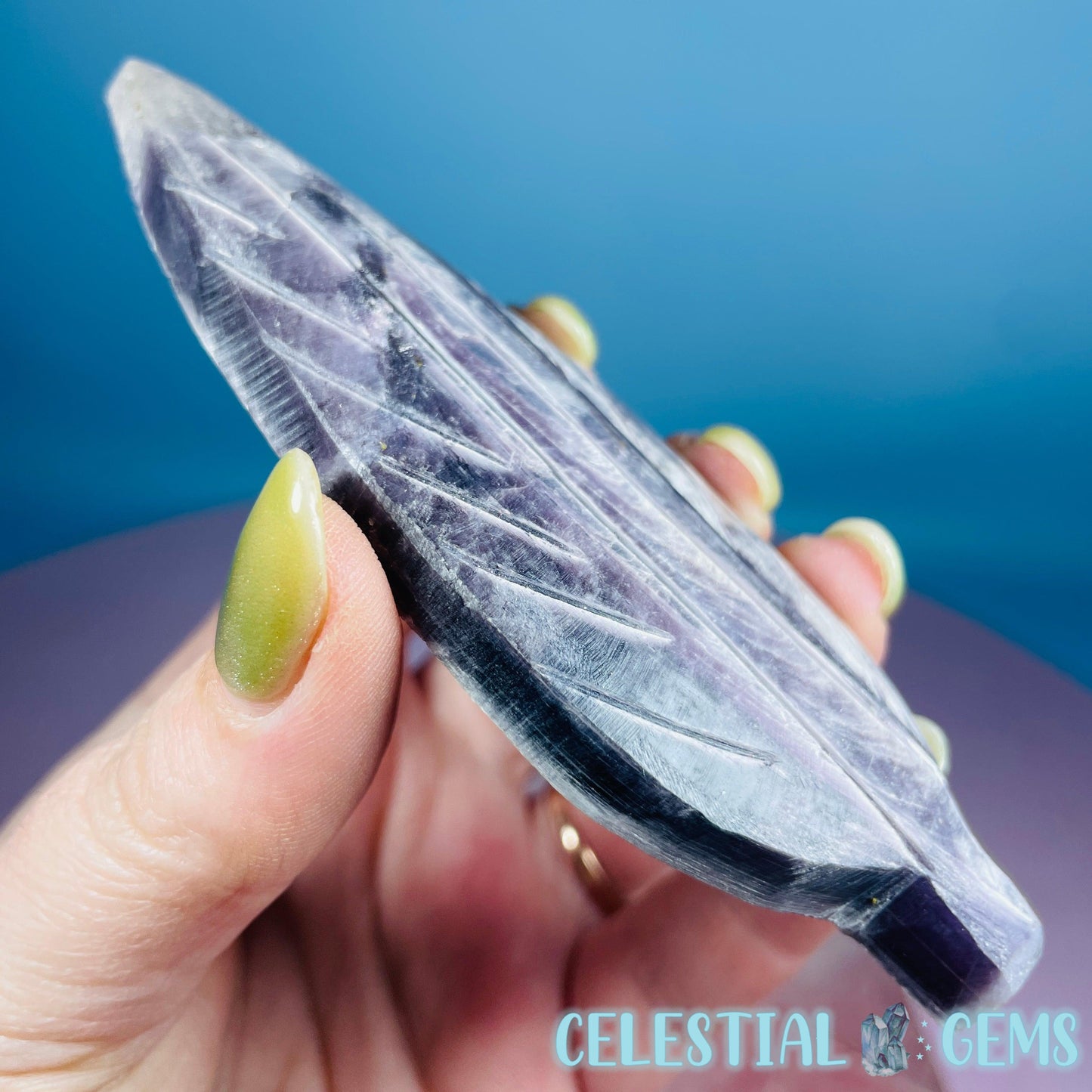 Gem Lepidolite Mica Flashy Feather Carving