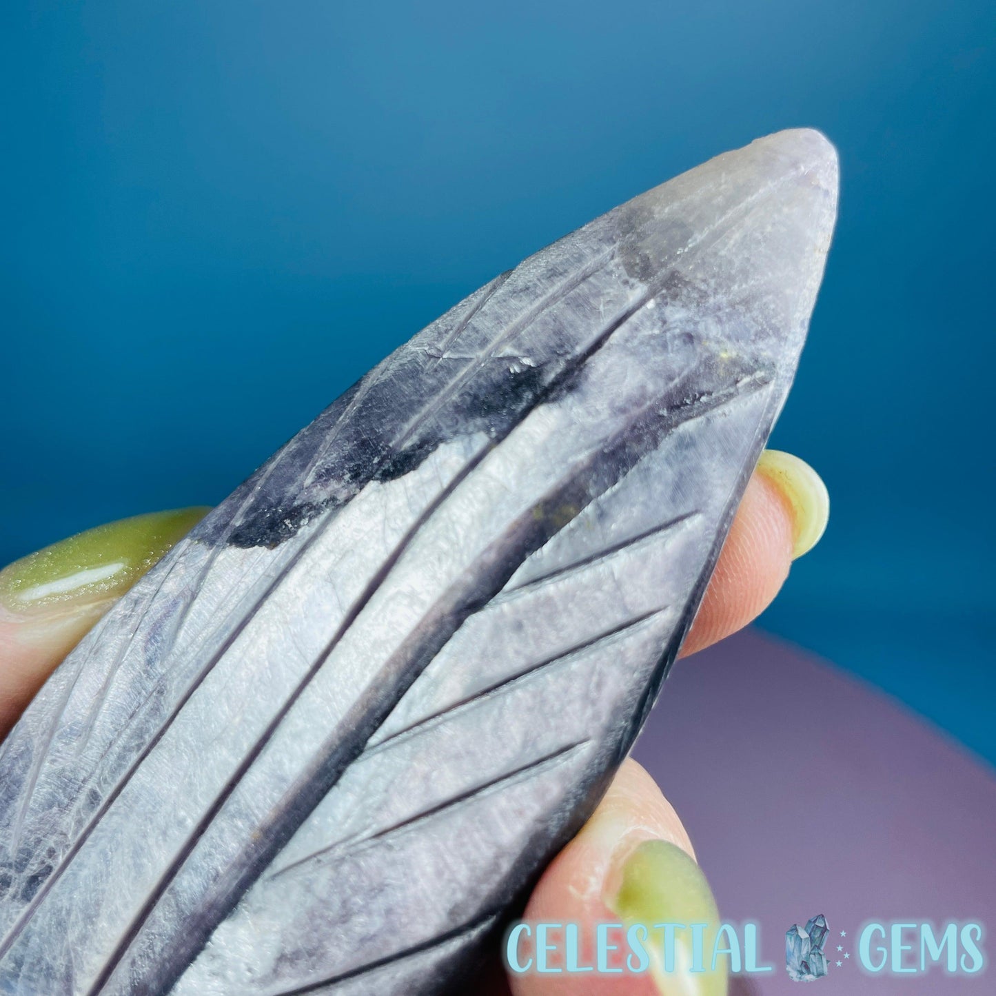 Gem Lepidolite Mica Flashy Feather Carving