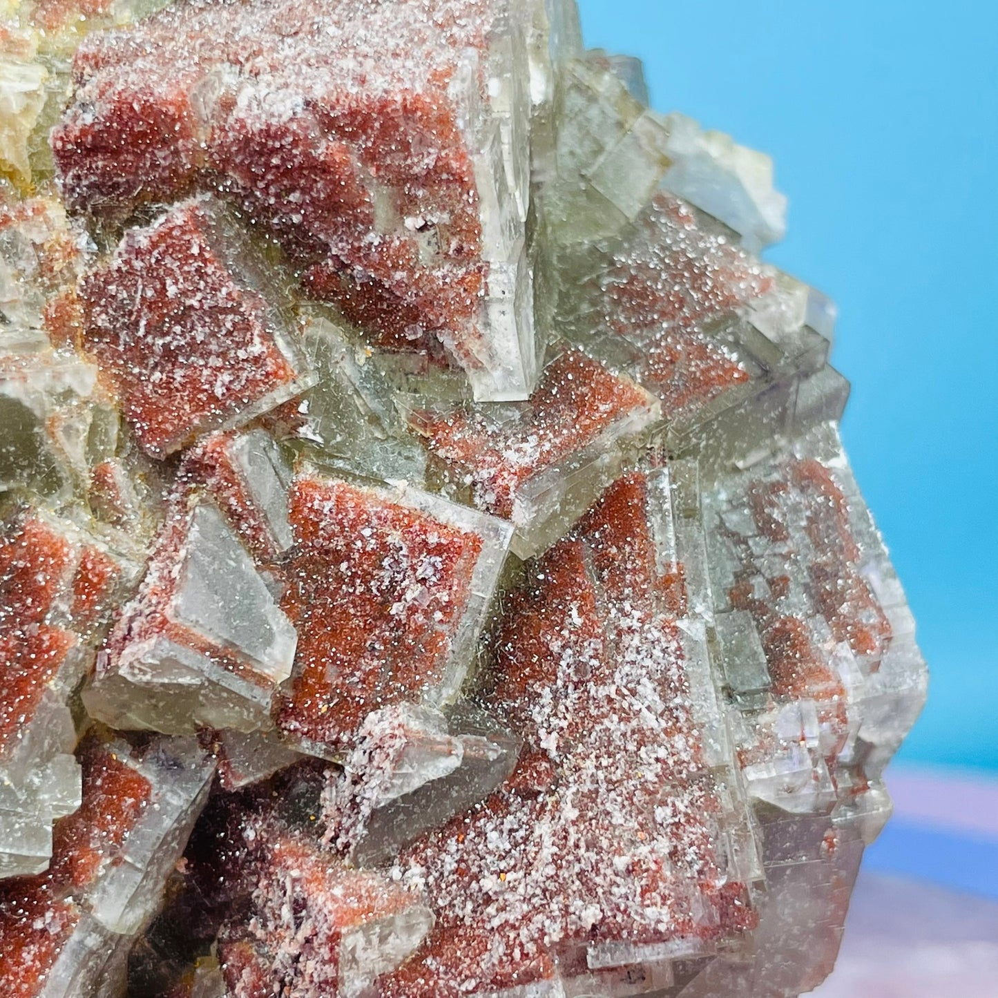 Green Fluorite Cubic Cluster Specimen with Red Druzy Quartz Coating