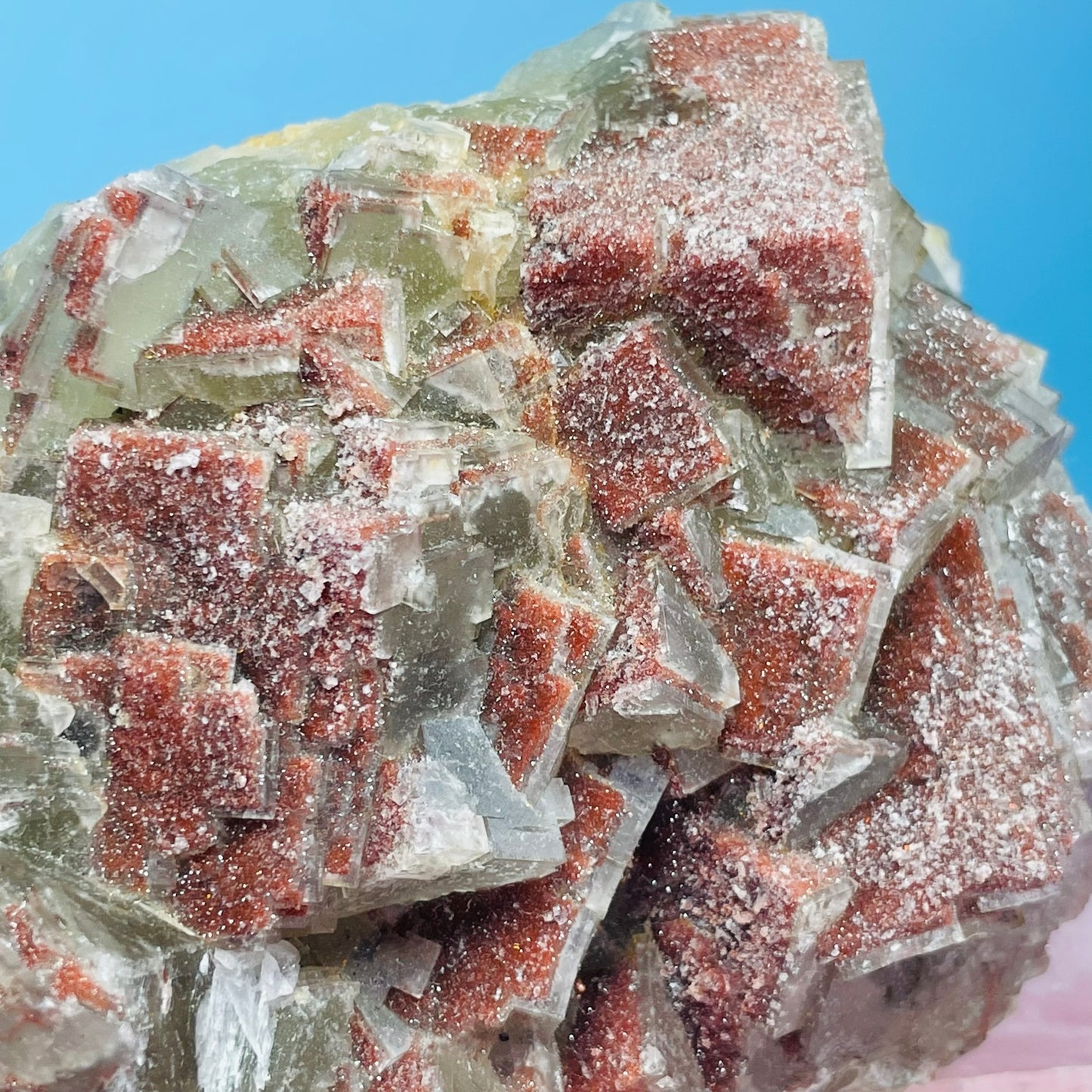 Green Fluorite Cubic Cluster Specimen with Red Druzy Quartz Coating