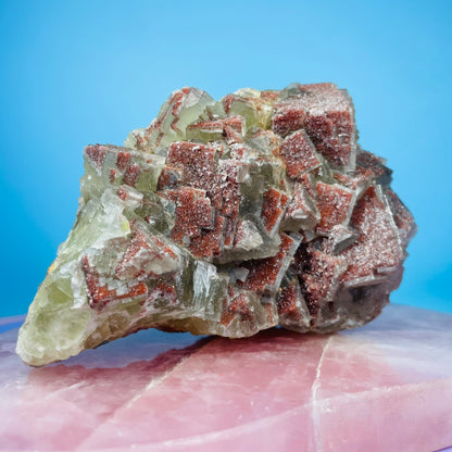 Green Fluorite Cubic Cluster Specimen with Red Druzy Quartz Coating