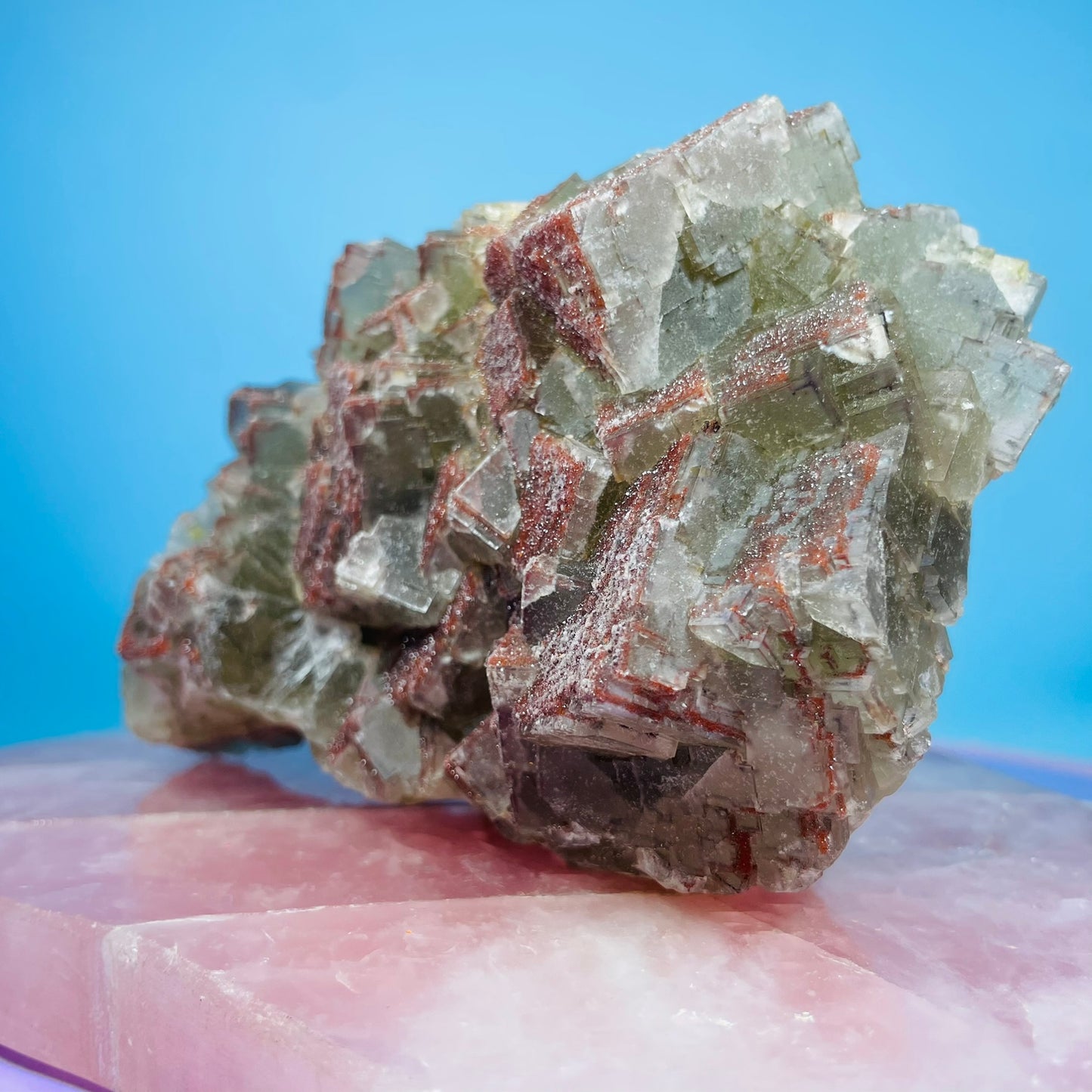 Green Fluorite Cubic Cluster Specimen with Red Druzy Quartz Coating