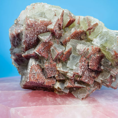 Green Fluorite Cubic Cluster Specimen with Red Druzy Quartz Coating
