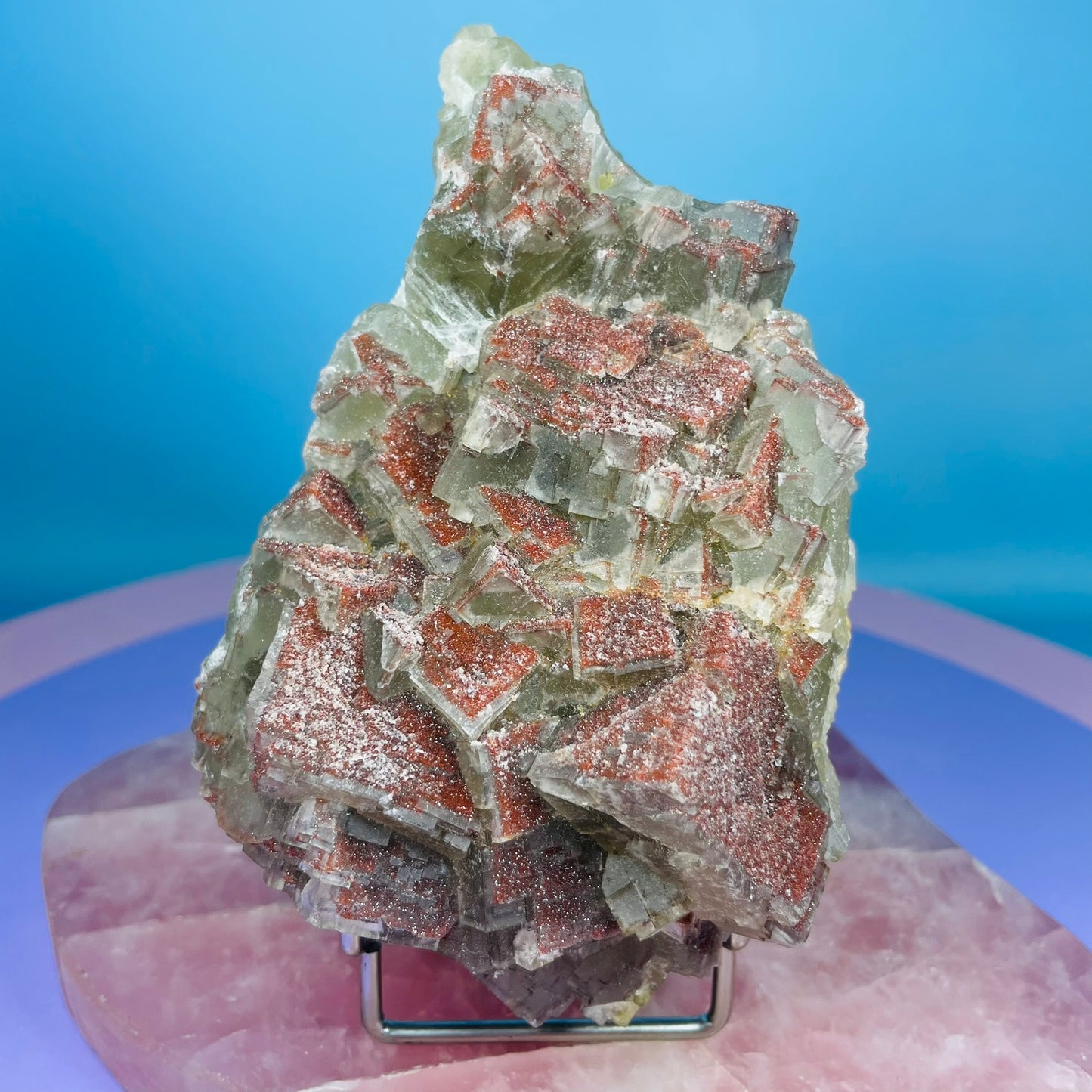 Green Fluorite Cubic Cluster Specimen with Red Druzy Quartz Coating