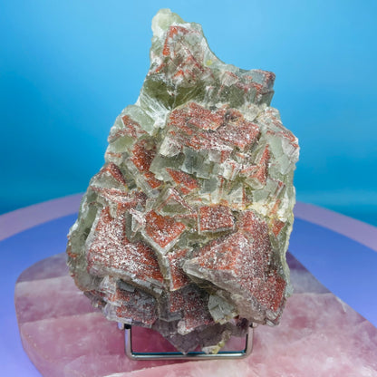 Green Fluorite Cubic Cluster Specimen with Red Druzy Quartz Coating