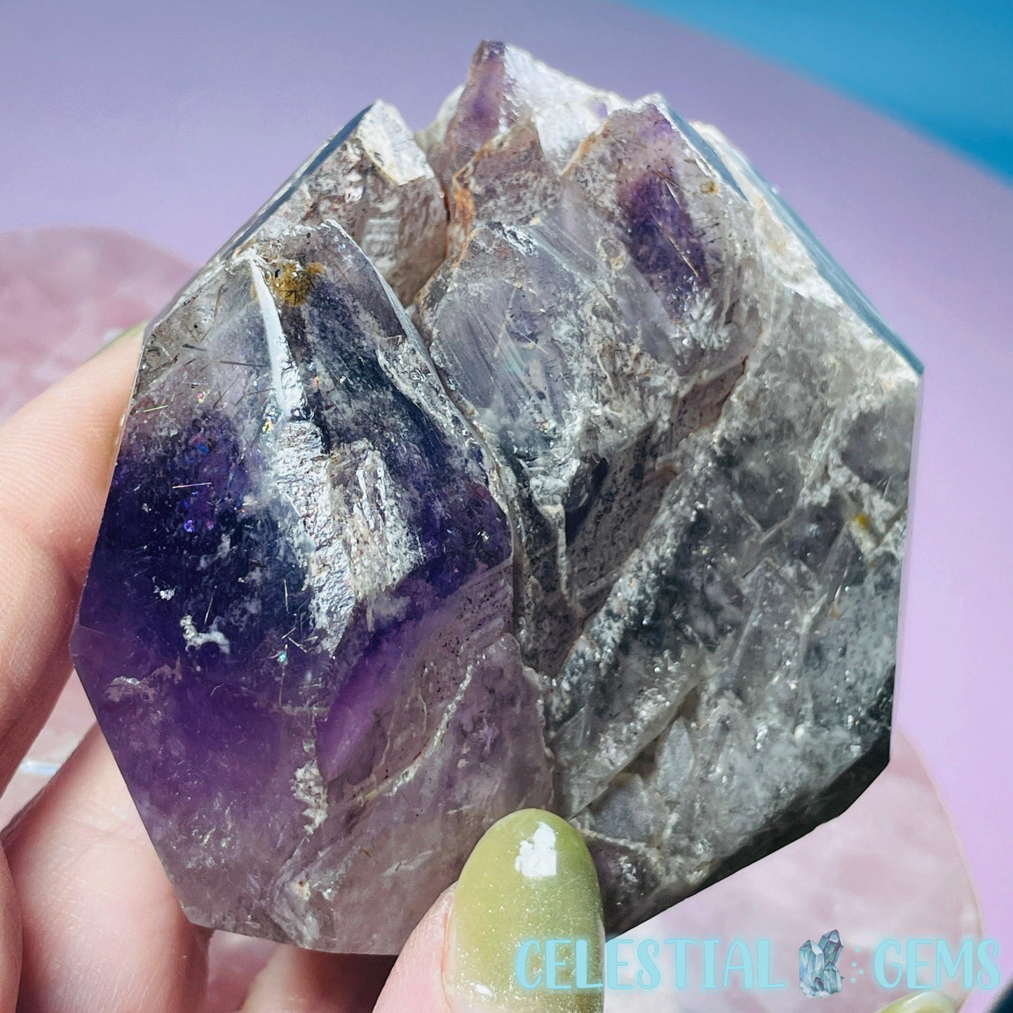 Amethyst with Hematite Rutile Semi-Polished Cluster