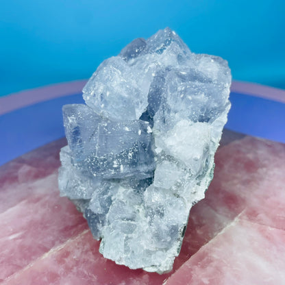 Blue Cubic Fluorite Medium Cluster Specimen with Calcite