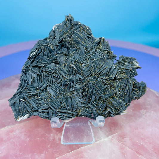 Black Barite Small Cluster Plate with Vanadinite Sparkles