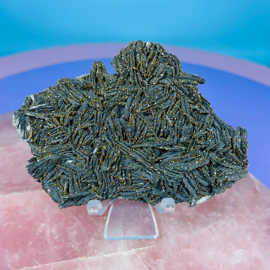 Black Barite Small Cluster Plate with Vanadinite Sparkles