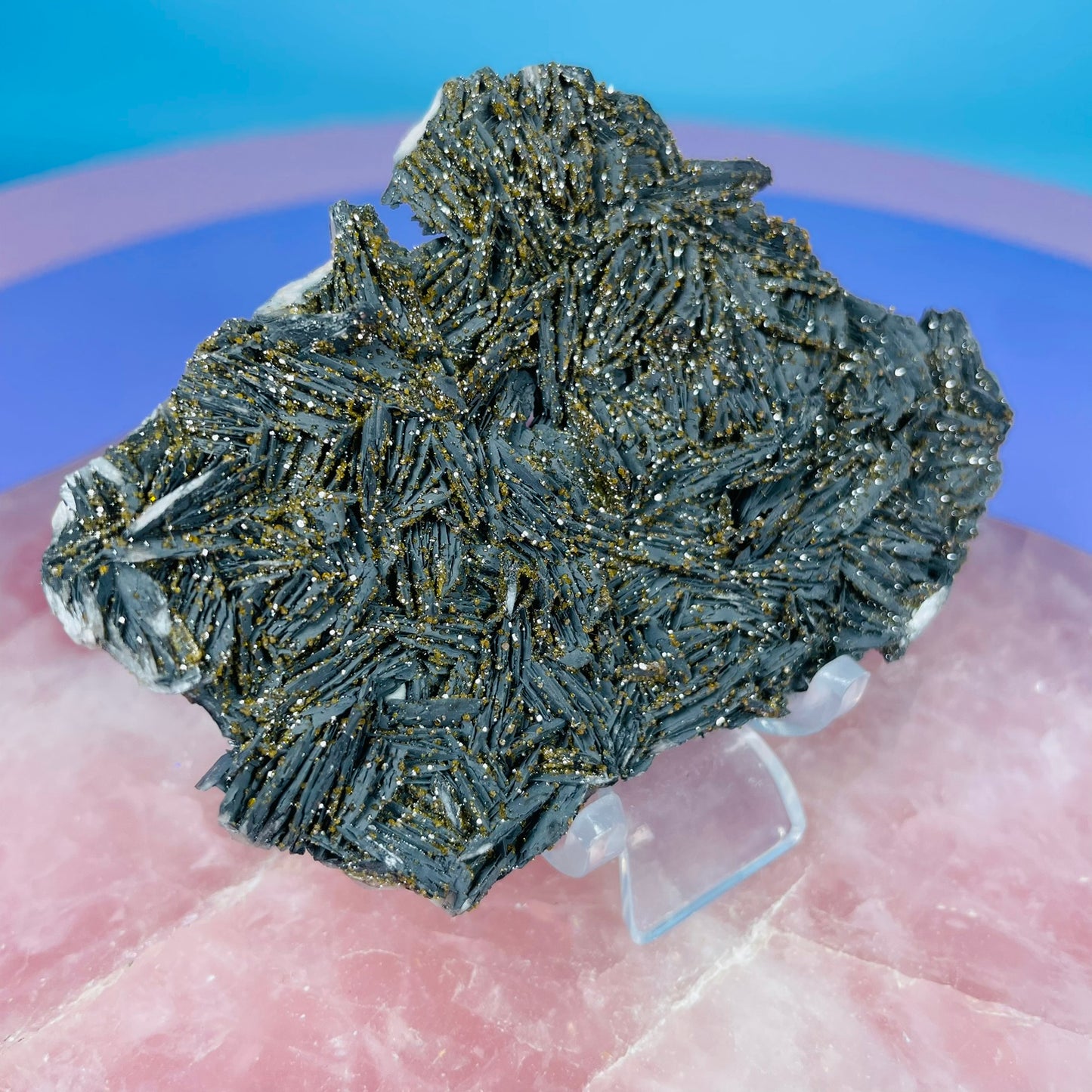 Black Barite Small Cluster Plate with Vanadinite Sparkles