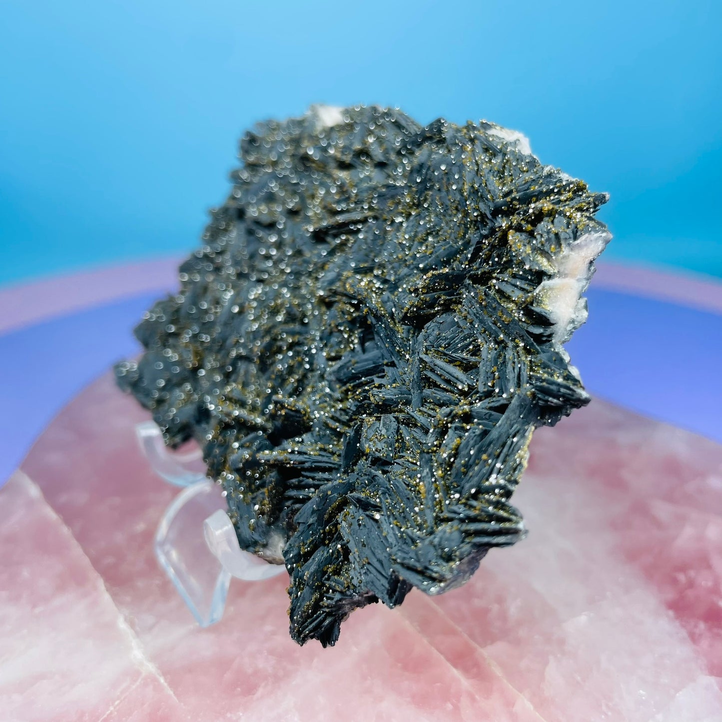 Black Barite Small Cluster Plate with Vanadinite Sparkles