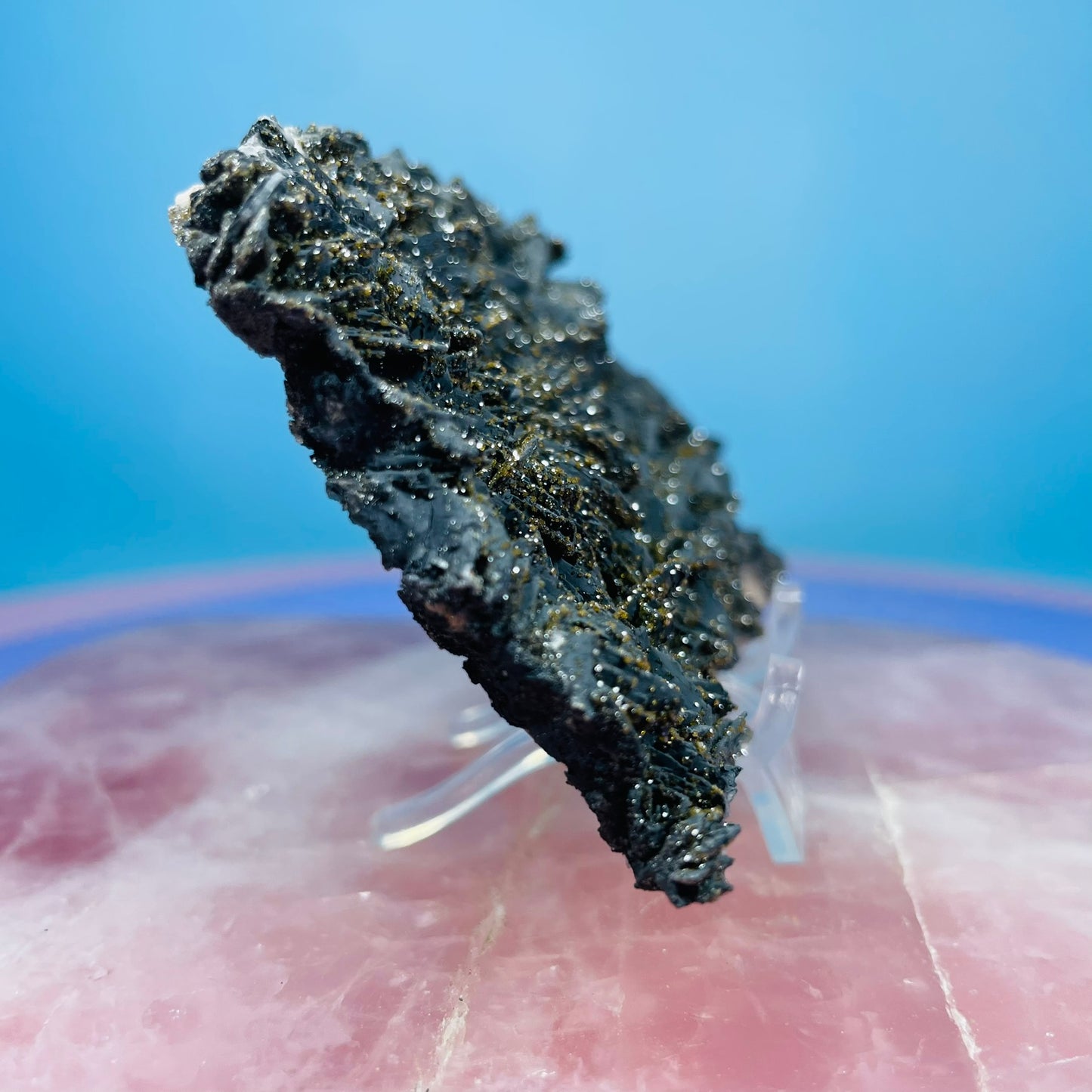Black Barite Small Cluster Plate with Vanadinite Sparkles