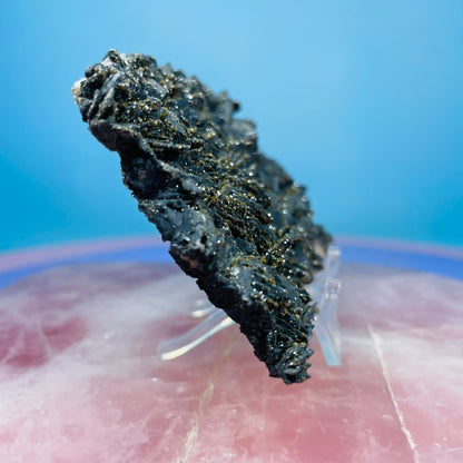 Black Barite Small Cluster Plate with Vanadinite Sparkles