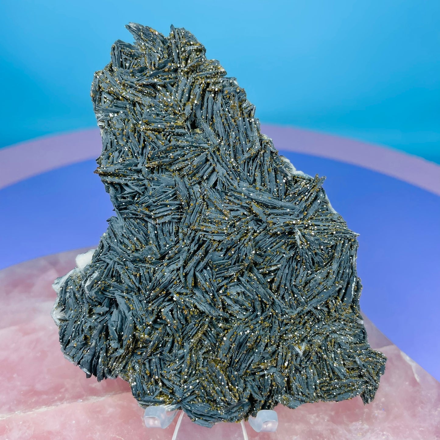 Black Barite Small Cluster Plate with Vanadinite Sparkles