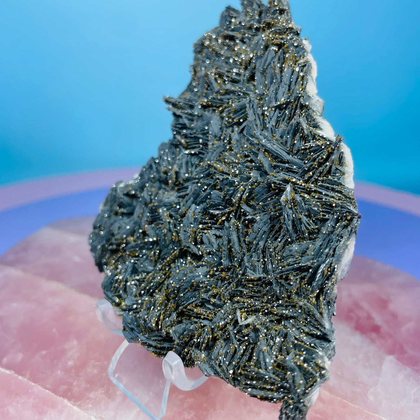 Black Barite Small Cluster Plate with Vanadinite Sparkles