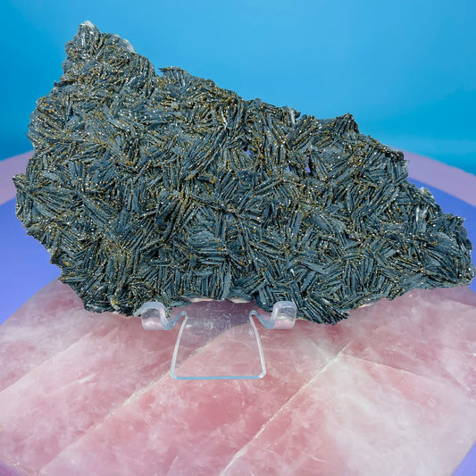 Black Barite Medium Cluster Plate with Vanadinite Sparkles