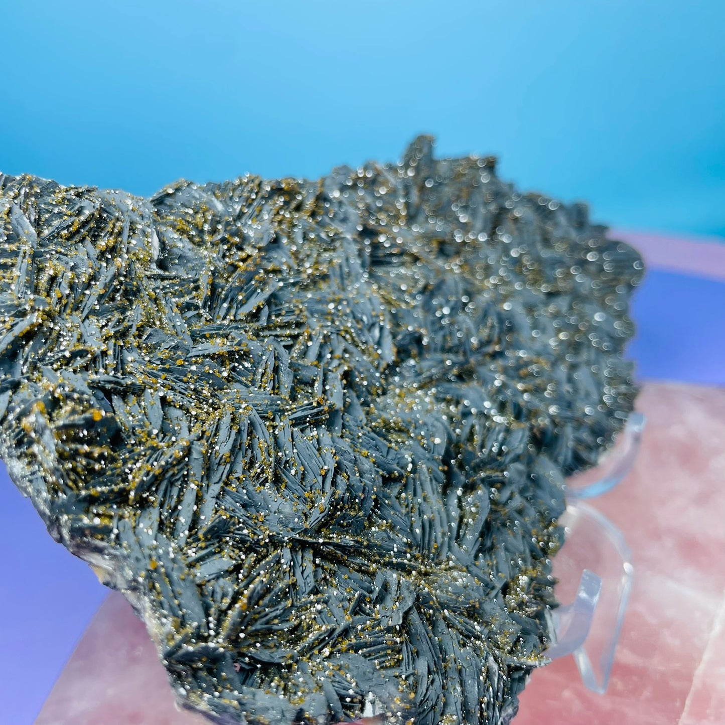 Black Barite Medium Cluster Plate with Vanadinite Sparkles