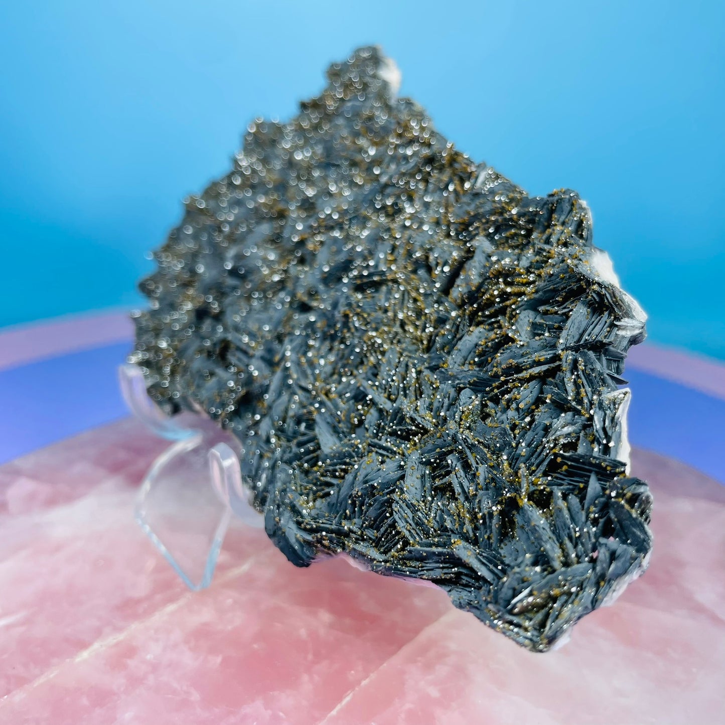 Black Barite Medium Cluster Plate with Vanadinite Sparkles