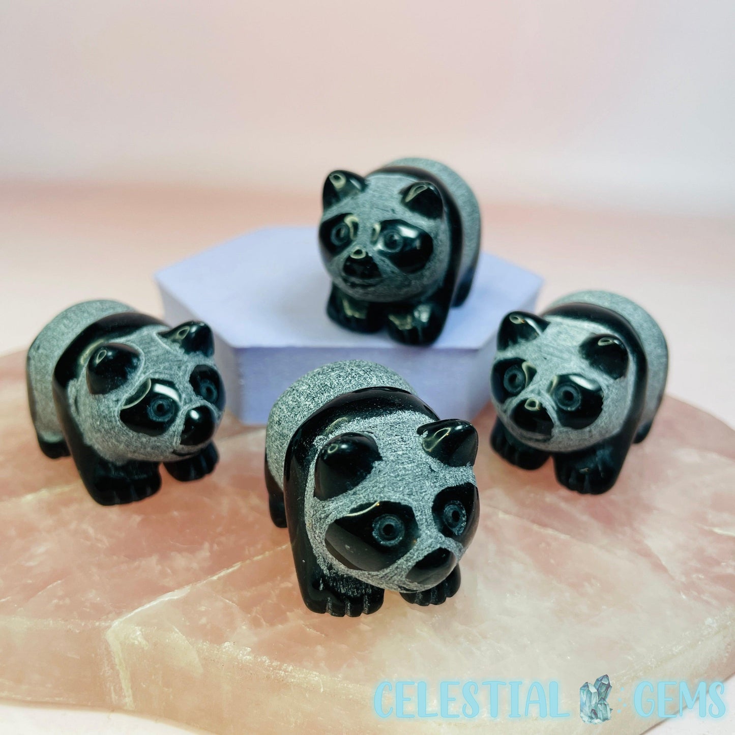 Obsidian Etched Panda Bear Small Carving