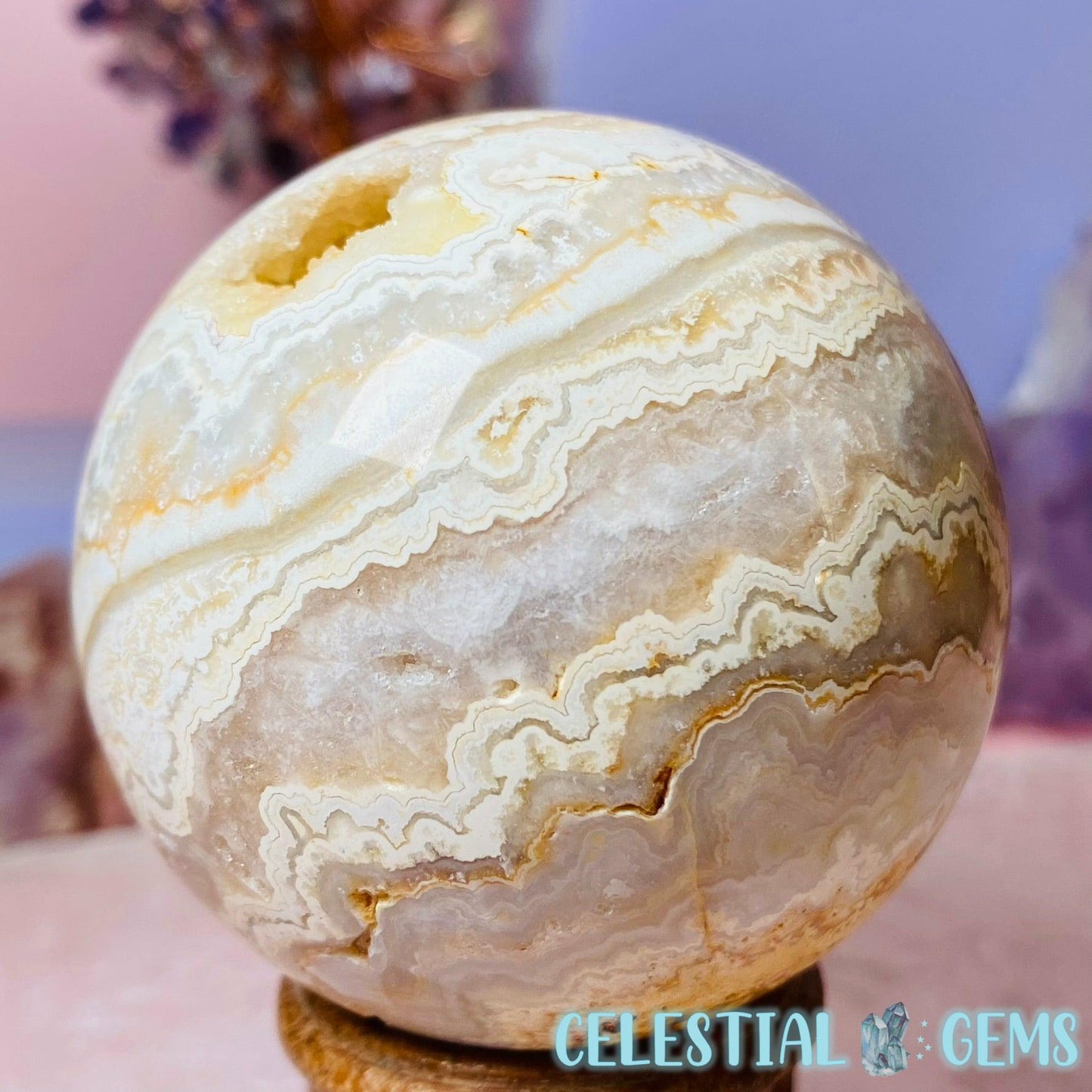 High Quality Line Agate Large Sphere (with Druzy!)