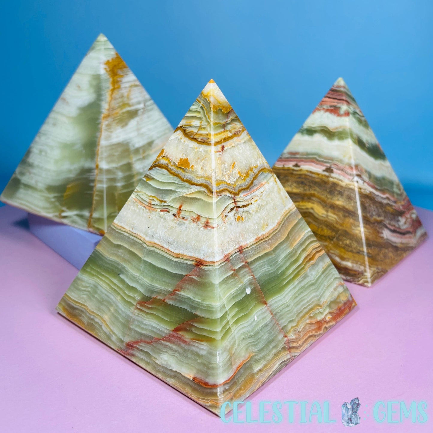 Banded Onyx Calcite Pyramid Carving - Medium