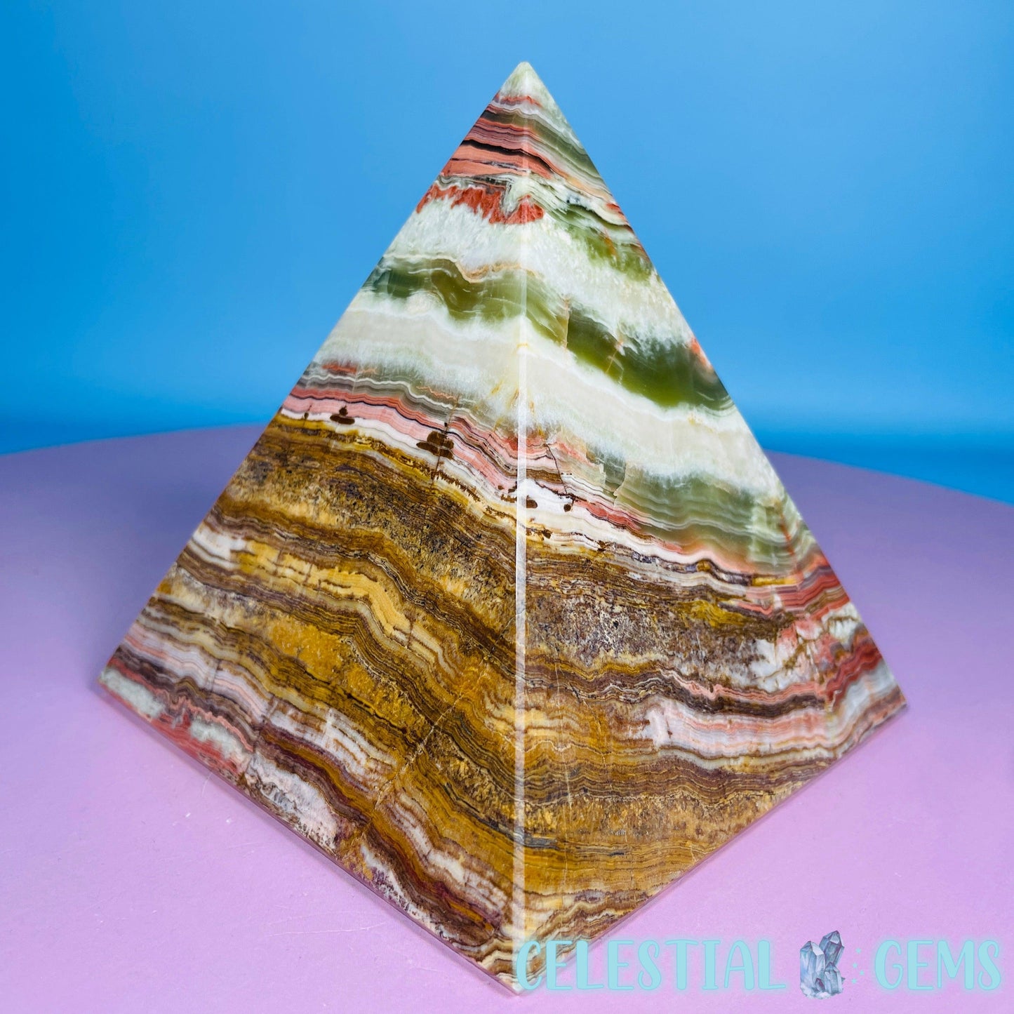 Banded Onyx Calcite Pyramid Carving - Medium