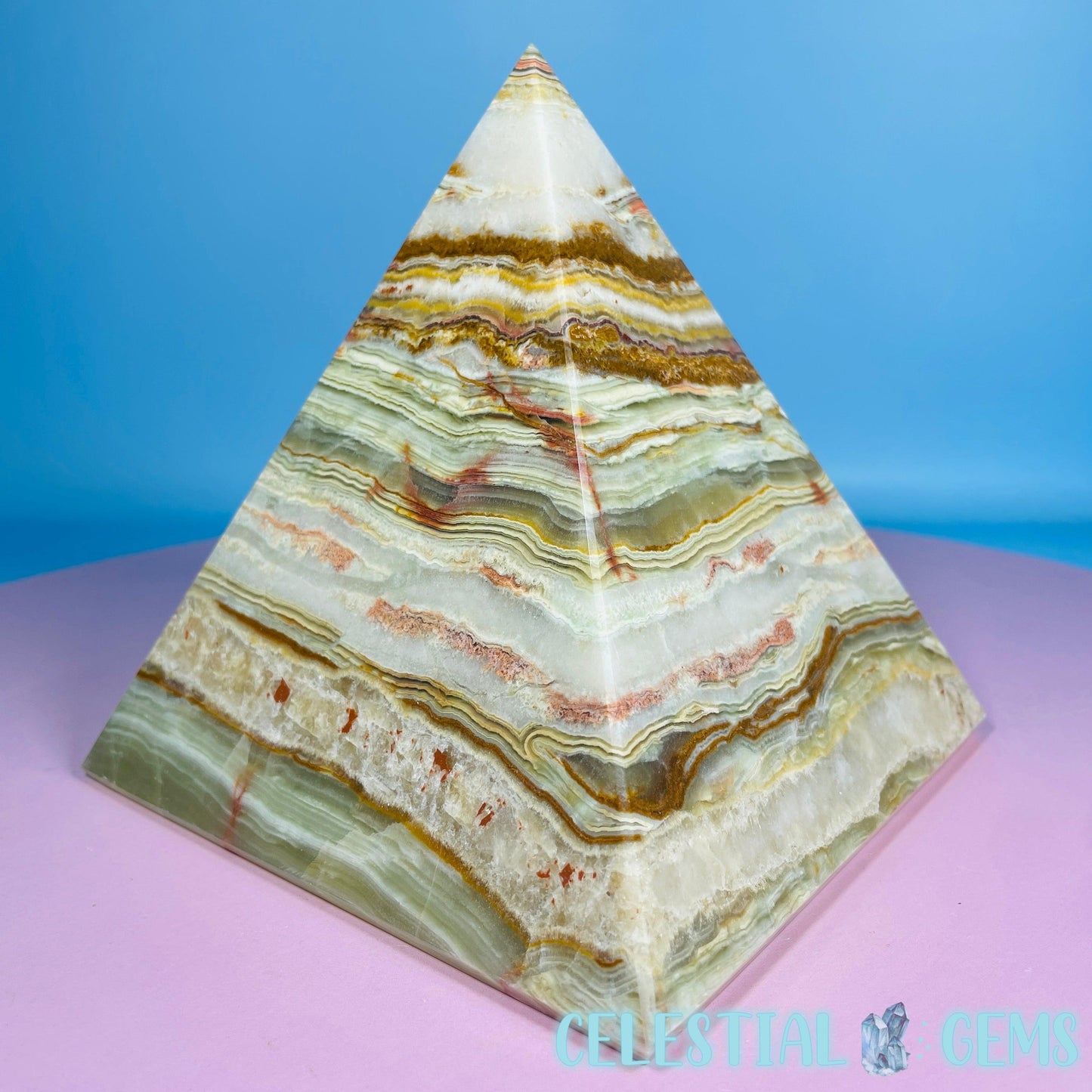 Banded Onyx Calcite Pyramid Carving - Large